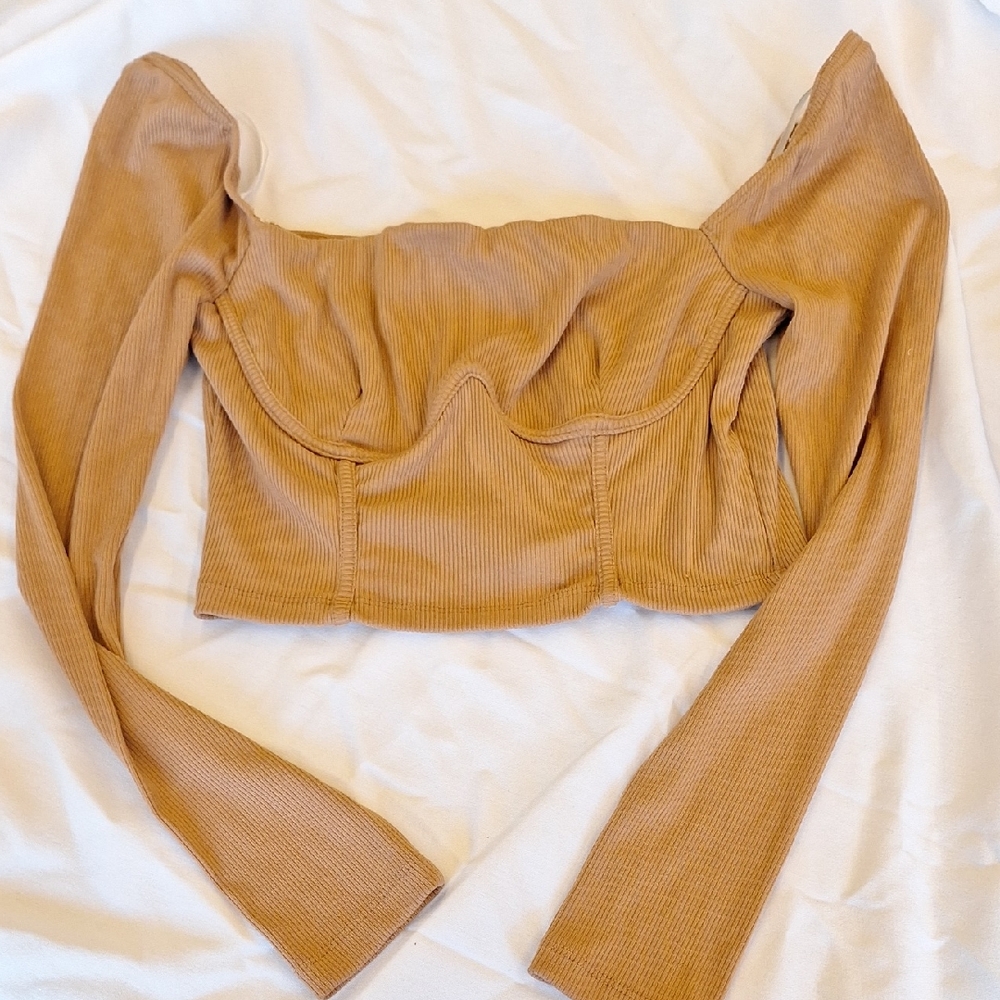 Ribbed Corset-Style Long Sleeve Top - Camel